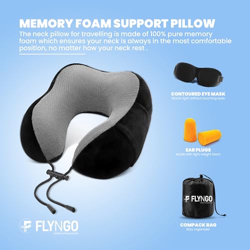 FLYNGO Memory Foam Neck Pillow for Travel Neck Support Pillow with Rest Eye Mask, Noise Isolating Ear Plugs Portable Combo (Black, pack of 1) - Image 2