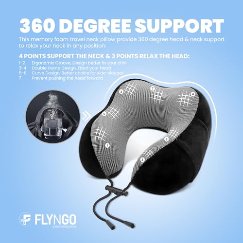 FLYNGO Memory Foam Neck Pillow for Travel Neck Support Pillow with Rest Eye Mask, Noise Isolating Ear Plugs Portable Combo (Black, pack of 1) - Image 3