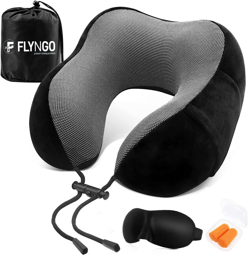 FLYNGO Memory Foam Neck Pillow for Travel Neck Support Pillow with Rest Eye Mask, Noise Isolating Ear Plugs Portable Combo (Black, pack of 1) - Image 1