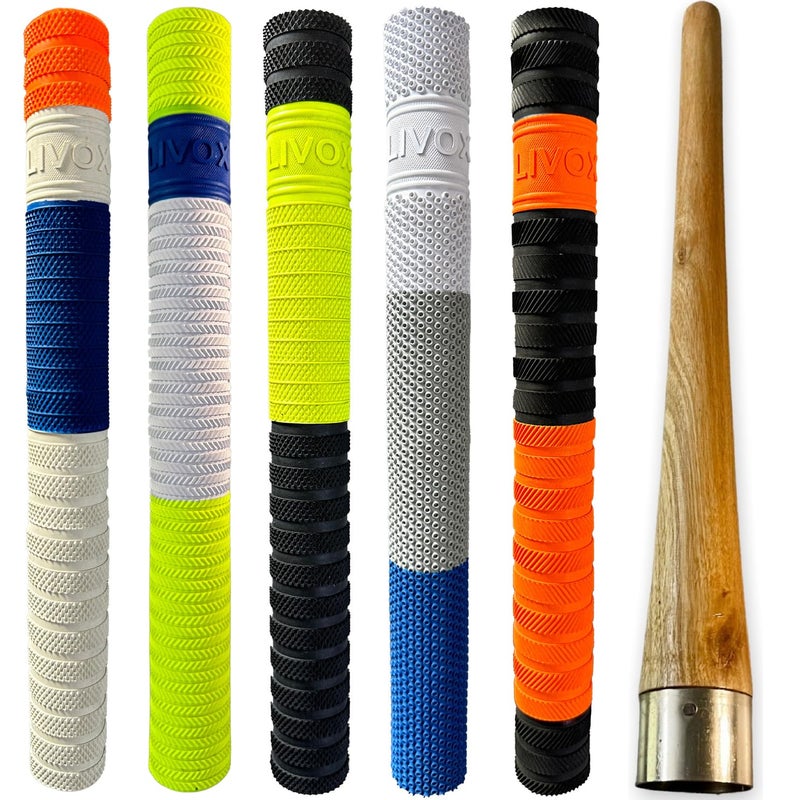 LIVOX ® Premium Cricket Bat Handle Rubber 5 Grips for Enhanced Performance With Better Shock Absorption And 1 Wooden Gripper Cone (pack of 6) (MULTI TEXTURE) - Image 1