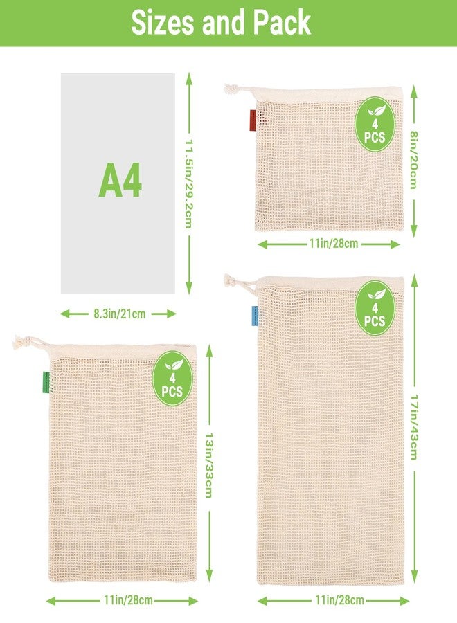 ENPOINT Pack of 12 Reusable Grocery Bags, 3 Sizes (4xS+4xM+4xL) Reusable Shopping Bags Heavy Duty Cotton Bags Mesh Bags for Vegetables, Enhanced Closure Edge, Double Stitched, with Tare Weight - Image 2