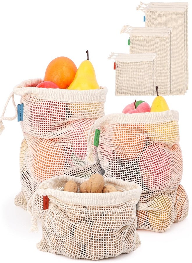 ENPOINT Pack of 12 Reusable Grocery Bags, 3 Sizes (4xS+4xM+4xL) Reusable Shopping Bags Heavy Duty Cotton Bags Mesh Bags for Vegetables, Enhanced Closure Edge, Double Stitched, with Tare Weight - Image 1