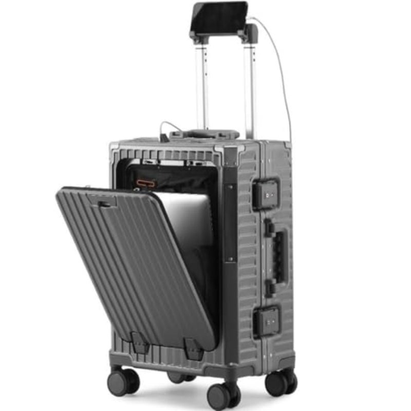 20-Inch Aluminum Framed Travel Luggage for Multi-Function Use, Silver, Lightweight Durable with Spinner Wheels, Front Opening Lid, TSA Lock, Cup Holder, USB Charging Port, Phone Holder and Hook - Image 1