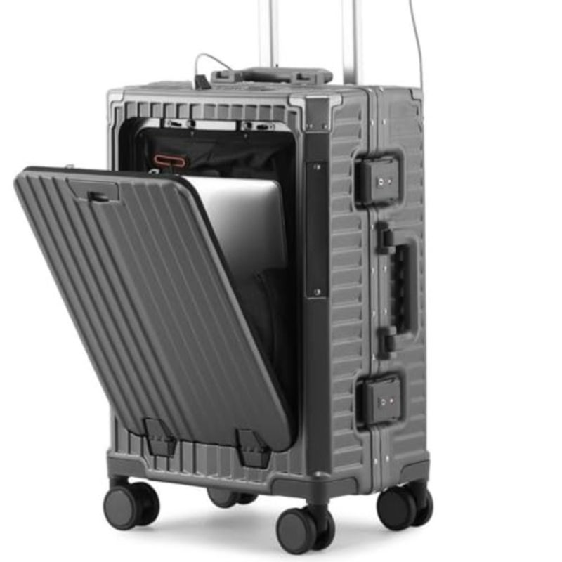 20-Inch Aluminum Framed Travel Luggage for Multi-Function Use, Silver, Lightweight Durable with Spinner Wheels, Front Opening Lid, TSA Lock, Cup Holder, USB Charging Port, Phone Holder and Hook - Image 3