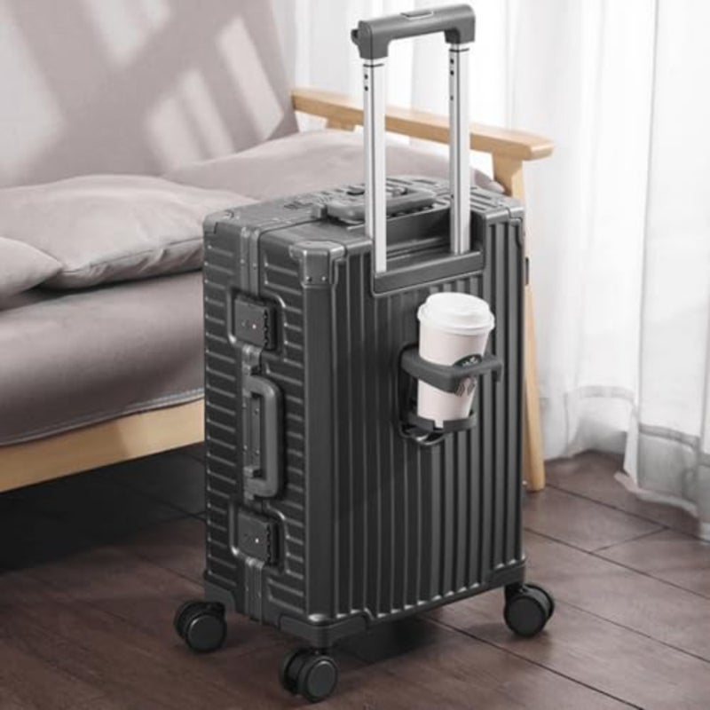 20-Inch Aluminum Framed Travel Luggage for Multi-Function Use, Silver, Lightweight Durable with Spinner Wheels, Front Opening Lid, TSA Lock, Cup Holder, USB Charging Port, Phone Holder and Hook - Image 5