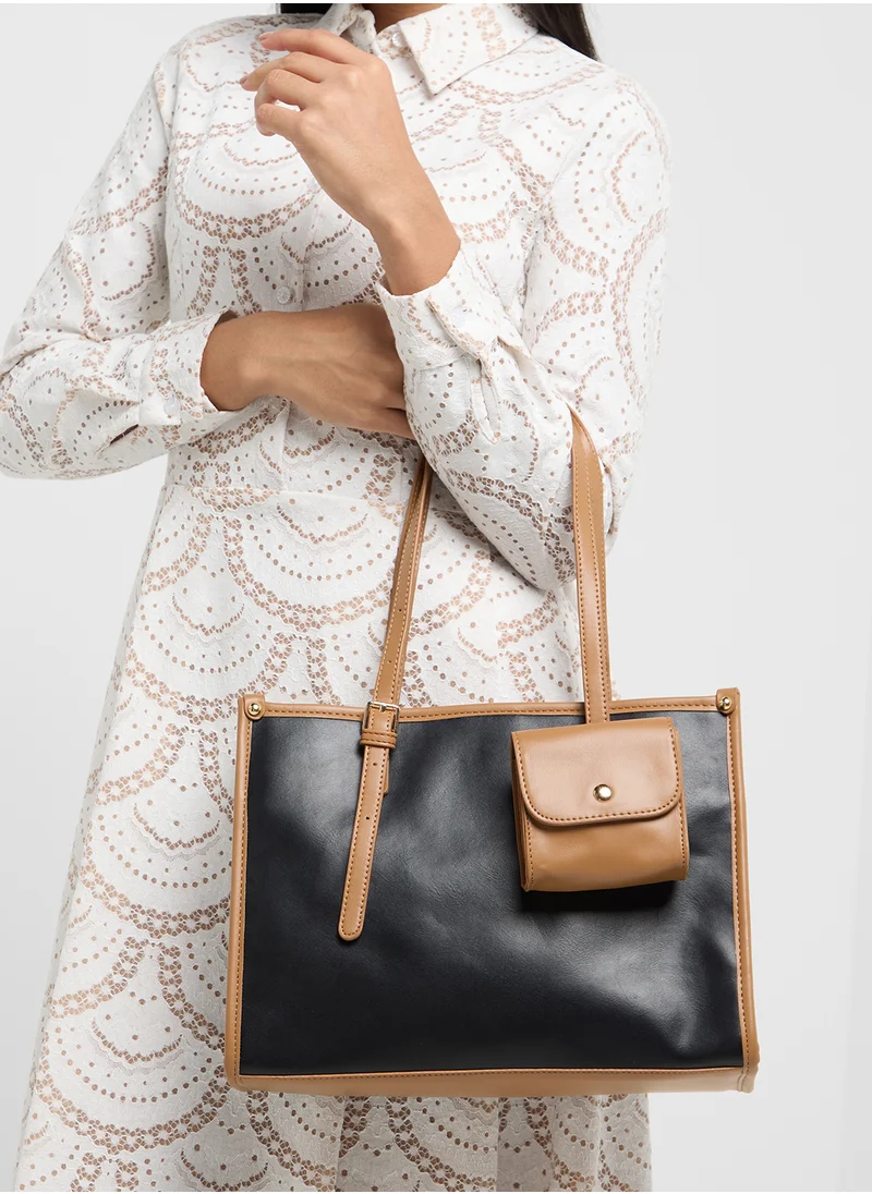 ELLA Contrast Color Tote Bag With Pouch