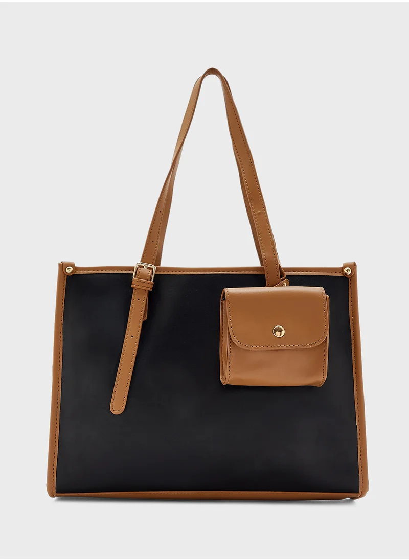 ايلا Contrast Color Tote Bag With Pouch