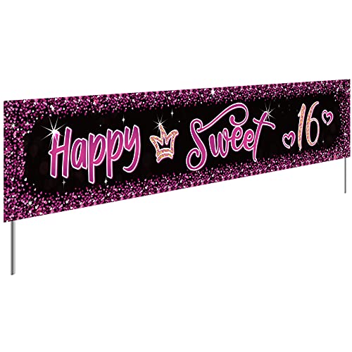 Helewilk Happy Sweet 16 Large Banner Backdrop 16 and Fabulous Happy 16th Birthday Party Outdoor Sign Cheers to 16 Years Birthday Party Decorations Supplies - Image 1