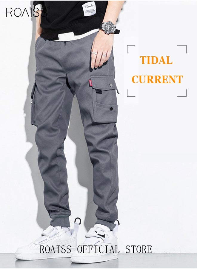 roaiss - Men's Cargo Trendy Pants Casual Jogging Pants Loose Fit Ankle-Tied with Elastic Drawstring Comfortable Workout Trousers Multiple Pockets Suitable for Various Body Types Grey - Image 1