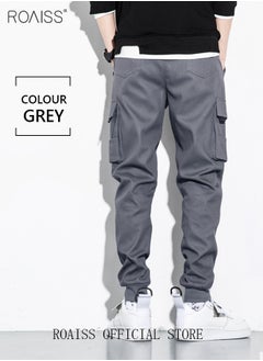 roaiss Men's Cargo Trendy Pants Casual Jogging Pants Loose Fit Ankle-Tied with Elastic Drawstring Comfortable Workout Trousers Multiple Pockets Suitable for Various Body Types Grey  - Image 3