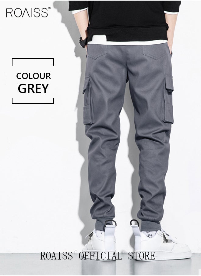 roaiss - Men's Cargo Trendy Pants Casual Jogging Pants Loose Fit Ankle-Tied with Elastic Drawstring Comfortable Workout Trousers Multiple Pockets Suitable for Various Body Types Grey - Image 1