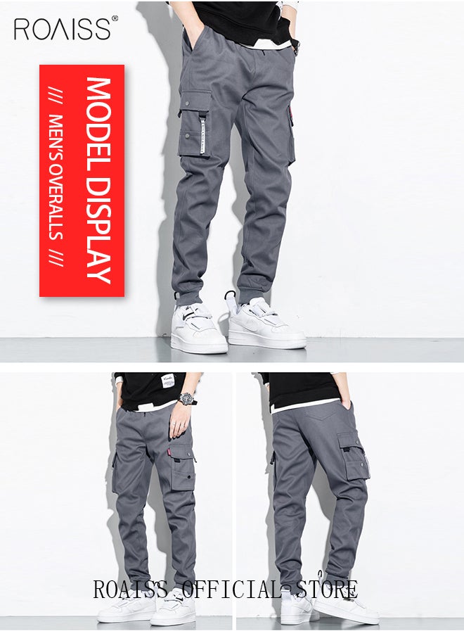roaiss - Men's Cargo Trendy Pants Casual Jogging Pants Loose Fit Ankle-Tied with Elastic Drawstring Comfortable Workout Trousers Multiple Pockets Suitable for Various Body Types Grey - Image 1