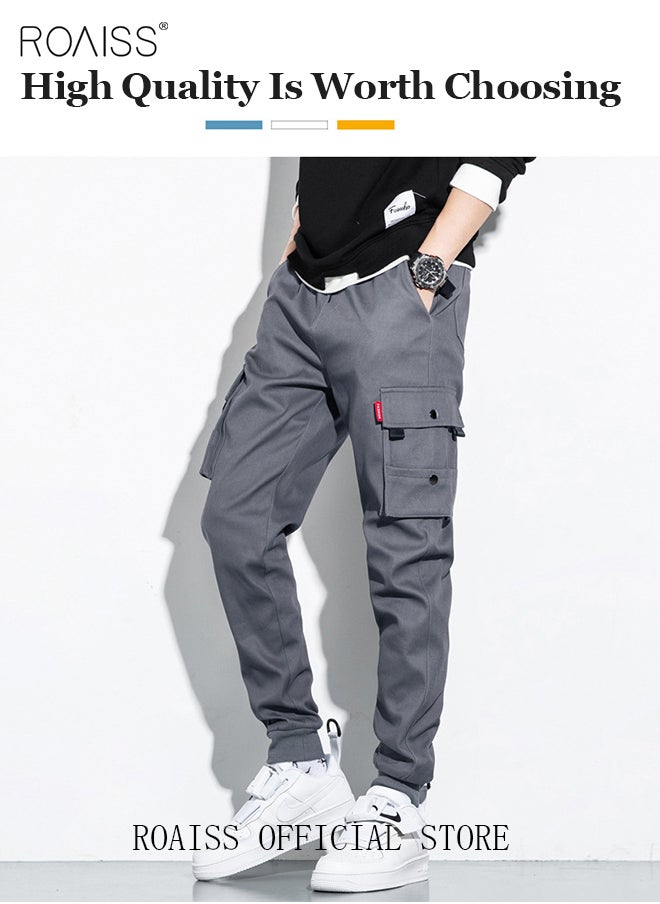 roaiss - Men's Cargo Trendy Pants Casual Jogging Pants Loose Fit Ankle-Tied with Elastic Drawstring Comfortable Workout Trousers Multiple Pockets Suitable for Various Body Types Grey - Image 1