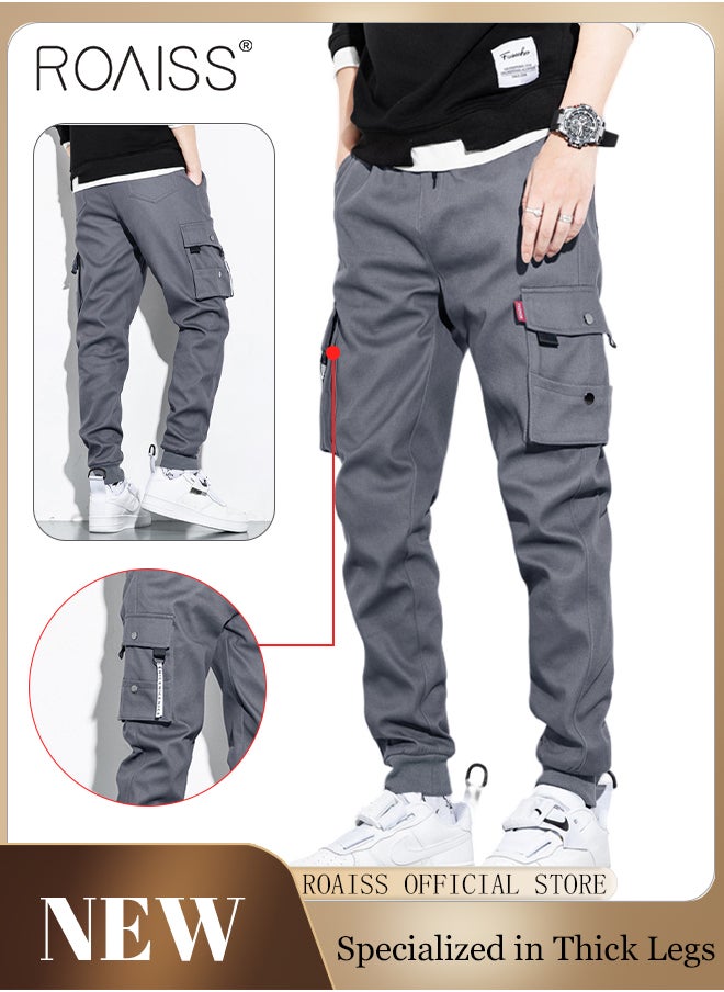 roaiss - Men's Cargo Trendy Pants Casual Jogging Pants Loose Fit Ankle-Tied with Elastic Drawstring Comfortable Workout Trousers Multiple Pockets Suitable for Various Body Types Grey - Image 1
