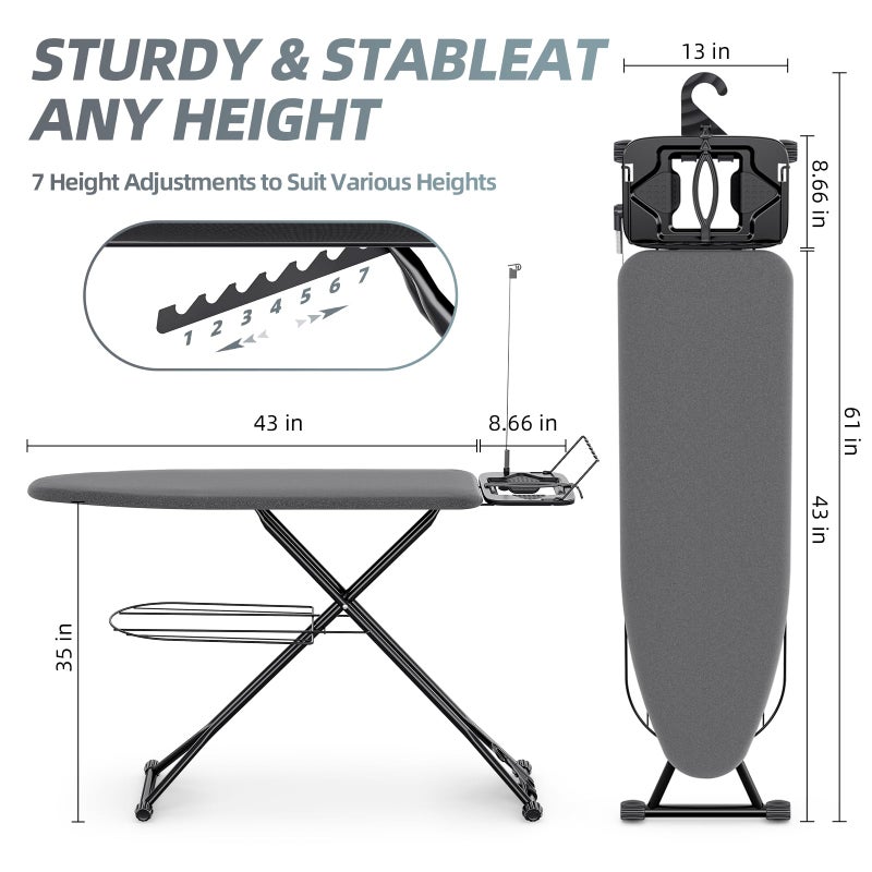 KINGBOARD Ironing Board, Compact Iron Board Full Size with Extra Thick Cover, 7 Adjustable Heights Stand with Hanger and Iron Rest, Large Heavy Duty Ironing Board with Storage Tray, 13x43 Black - Image 2