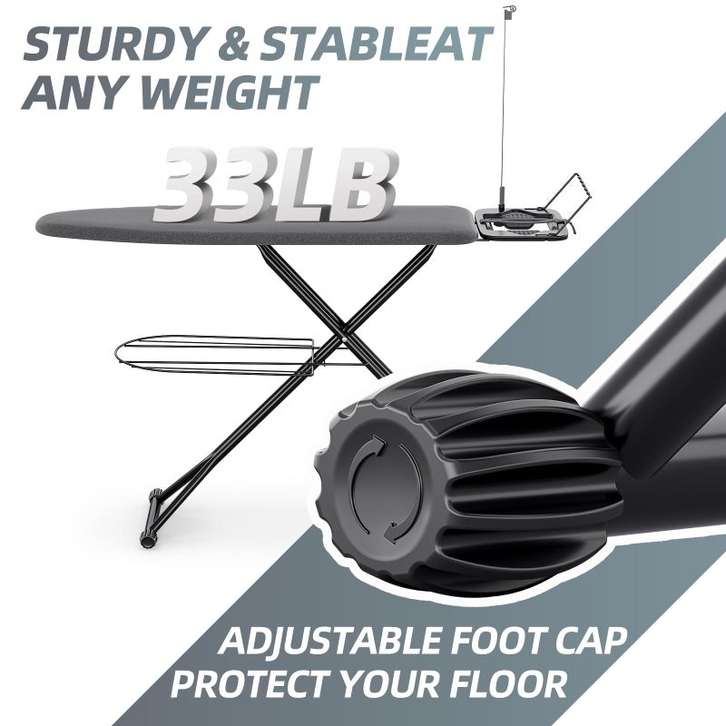 KINGBOARD Ironing Board, Compact Iron Board Full Size with Extra Thick Cover, 7 Adjustable Heights Stand with Hanger and Iron Rest, Large Heavy Duty Ironing Board with Storage Tray, 13x43 Black - Image 3