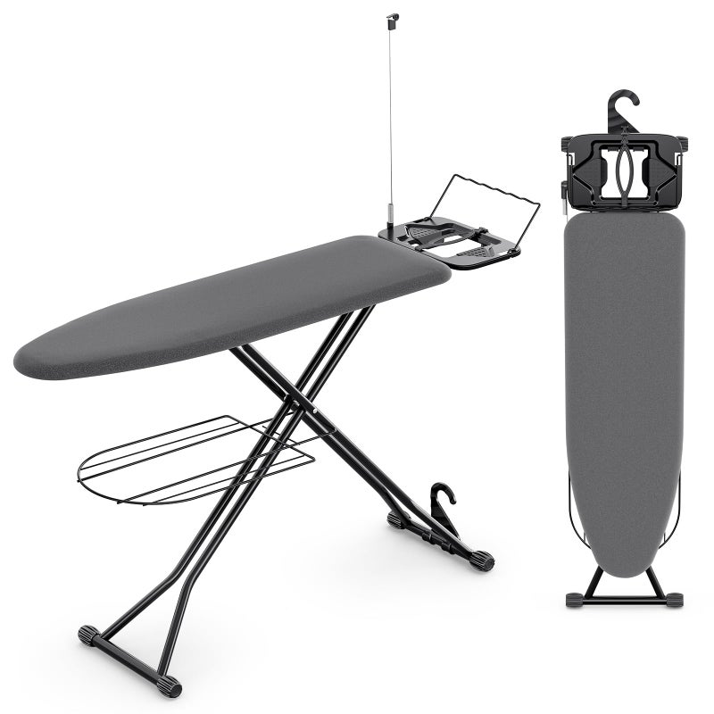 KINGBOARD Ironing Board, Compact Iron Board Full Size with Extra Thick Cover, 7 Adjustable Heights Stand with Hanger and Iron Rest, Large Heavy Duty Ironing Board with Storage Tray, 13x43 Black - Image 1
