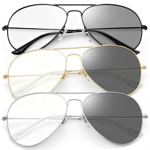 Joopin 3 Pack Photochromic Aviator Sunglasses Women Men Transition Blue Light Glasses Color Changing (Black + Gold + Silver) - Image 1