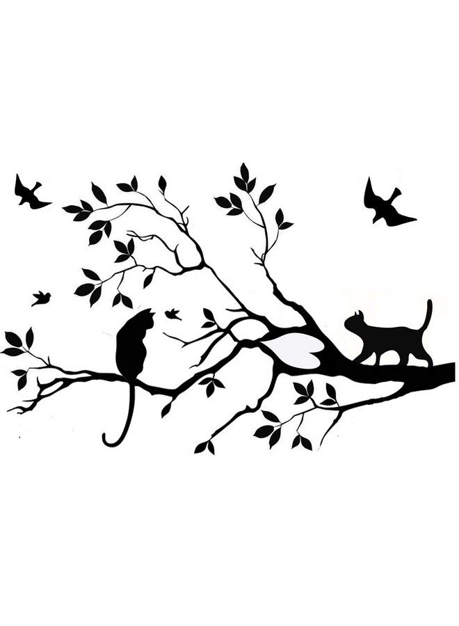 BIBITIME Black Cat On Tree Branch Wall Art Decal Flying Birds Vinyl Stickers For Nursery Classroom Children Bedroom Kids Room Decor Living Room Porch Home Art Mural - Image 4