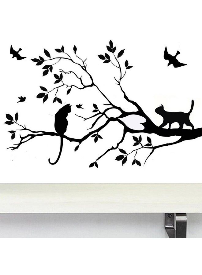 BIBITIME Black Cat On Tree Branch Wall Art Decal Flying Birds Vinyl Stickers For Nursery Classroom Children Bedroom Kids Room Decor Living Room Porch Home Art Mural - Image 2