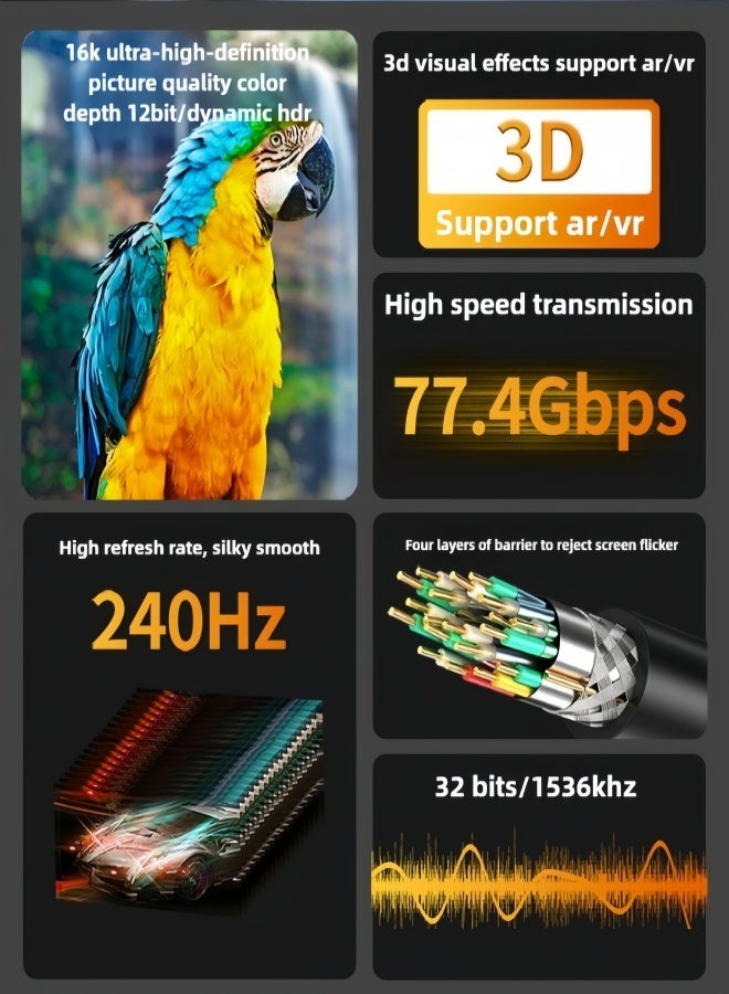 الصفحة الرئيسية كابل DisplayPort 16K، بطول 3 أمتار، إصدار DP 2.1 مع معدل نقل 77.4 جيجابت في الثانية، يدعم 8K@120Hz/4K@240Hz. كابل مضفر من النايلون، متوافق مع شاشات الألعاب وبطاقات الرسومات المتطورة وأجهزة الكمبيوتر المكتبية والمحمولة. - Image 3