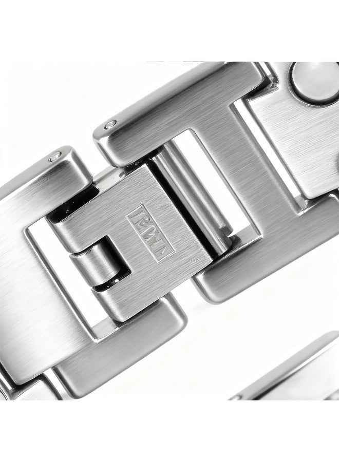 Silver Plated Double Row Magnetic Therapy Bracelet, Geometric Stainless Steel Unisex Cuff Bangle, Daily Wear Fashion Jewelry for Men & Women - Image 4