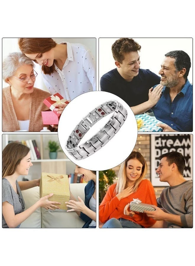Silver Plated Double Row Magnetic Therapy Bracelet, Geometric Stainless Steel Unisex Cuff Bangle, Daily Wear Fashion Jewelry for Men & Women - Image 3