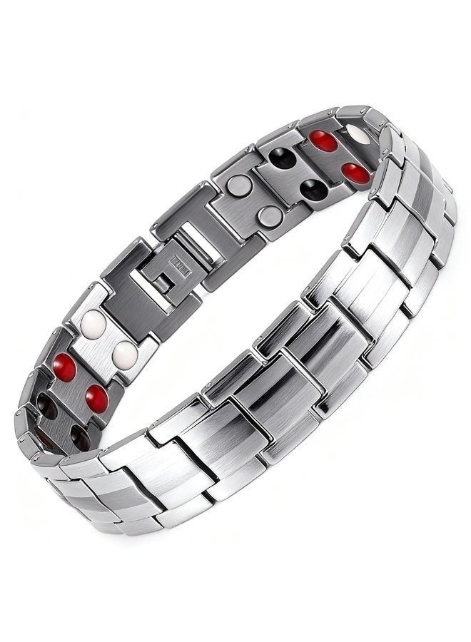 Silver Plated Double Row Magnetic Therapy Bracelet, Geometric Stainless Steel Unisex Cuff Bangle, Daily Wear Fashion Jewelry for Men & Women - Image 1