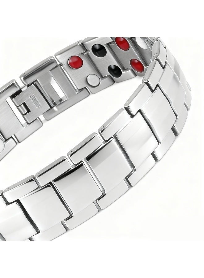 Silver Plated Double Row Magnetic Therapy Bracelet, Geometric Stainless Steel Unisex Cuff Bangle, Daily Wear Fashion Jewelry for Men & Women - Image 2