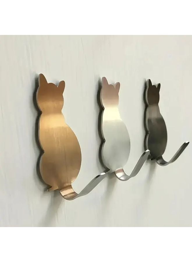 4pcs Silvery Stainless Steel Wall Mounted Cat Shaped Hooks Heavy Duty Adhesive Rustproof for Home Decor - Image 3