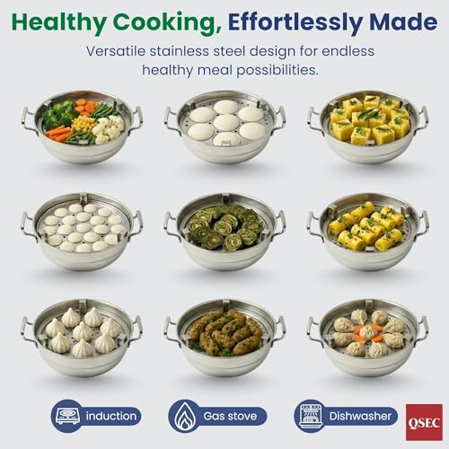 QSEC Triply Multi Kadai Idli maker stanless steel | 6 Plate All-in-One Steamer | 2 Idli + Mini Idli + 2 Dhokla + Patra/Momo | 3-Layer SS Induction & Gas Base | 29cm 5L | 10 Year Warranty - Image 3