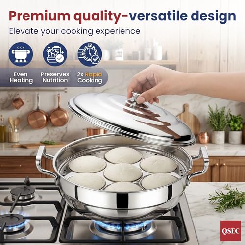 QSEC Triply Multi Kadai Idli maker stanless steel | 6 Plate All-in-One Steamer | 2 Idli + Mini Idli + 2 Dhokla + Patra/Momo | 3-Layer SS Induction & Gas Base | 29cm 5L | 10 Year Warranty - Image 5