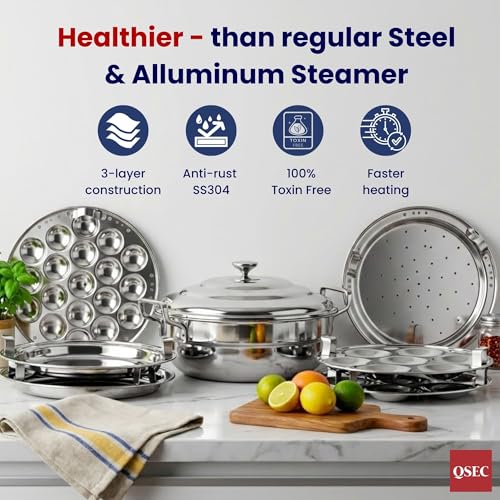QSEC Triply Multi Kadai Idli maker stanless steel | 6 Plate All-in-One Steamer | 2 Idli + Mini Idli + 2 Dhokla + Patra/Momo | 3-Layer SS Induction & Gas Base | 29cm 5L | 10 Year Warranty - Image 2