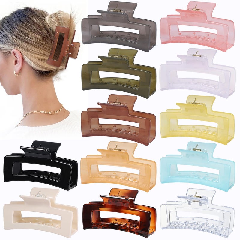 Sisiaipu 12 Pack Medium Square Claw Hair Clips 35 x 2 x 11 inch Shiny 12 Colors Hair Accessories for Women and Girls Rectangular Rectangle Jaw Clips for Thick and Thin Hair Securing 12 Pieces