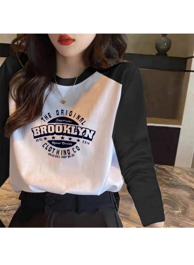 VUELO Spring And Autumn New Long Sleeve T-shirt Women's Pure Cotton Casual Loose Letter And Korean Style Raglan Sleeve Style Base Shirt Top Trendy 
