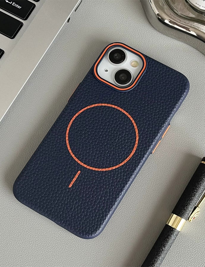 Magsafe Phone Case For iPhone 13 With High Quality Rubber Frame And Slim Lychee Pattern Leather Case with Camera Lens Protection Shockproof Cover And support wireless Charging Leather Cover for iPhone 13 - Blue/Orange - Image 2