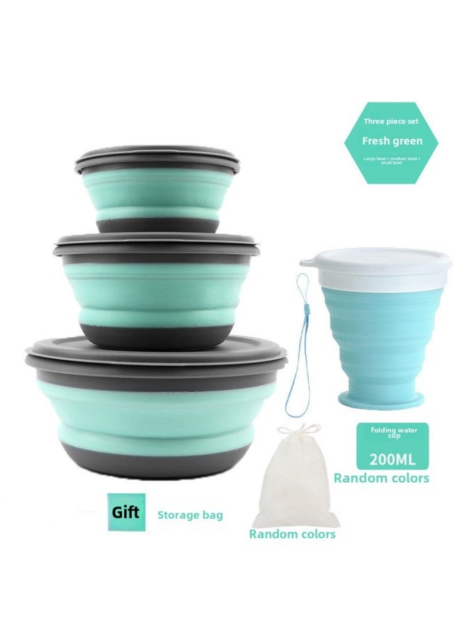 Folding Bowl Portable Retractable Outdoor Compression Travel Travel Wild Tableware Baby Picnic Anti-fall Lunch Box Wholesale-Specifications: Green Three-piece Set + Folding Water Cup  - Image 1