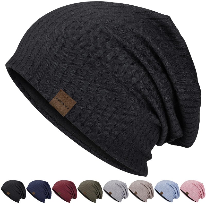HAMUNI Slouchy Beanie for Men Women Soft Lightweight Running Beanie Hat Chemo Cap Skull Cap (US, Alpha, One Size, Black) - Image 1