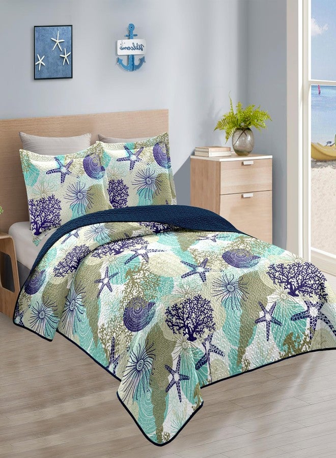 Tritard 3 Piece Coastal Quilt Sets Full/Queen Size - Reversible Microfiber Quilts with 2 Shams Soft Lightweight Beach Bedding Nautical Bedspread Coverlet Summer Comforter for All Season, 90''x96'', C6 - Image 2