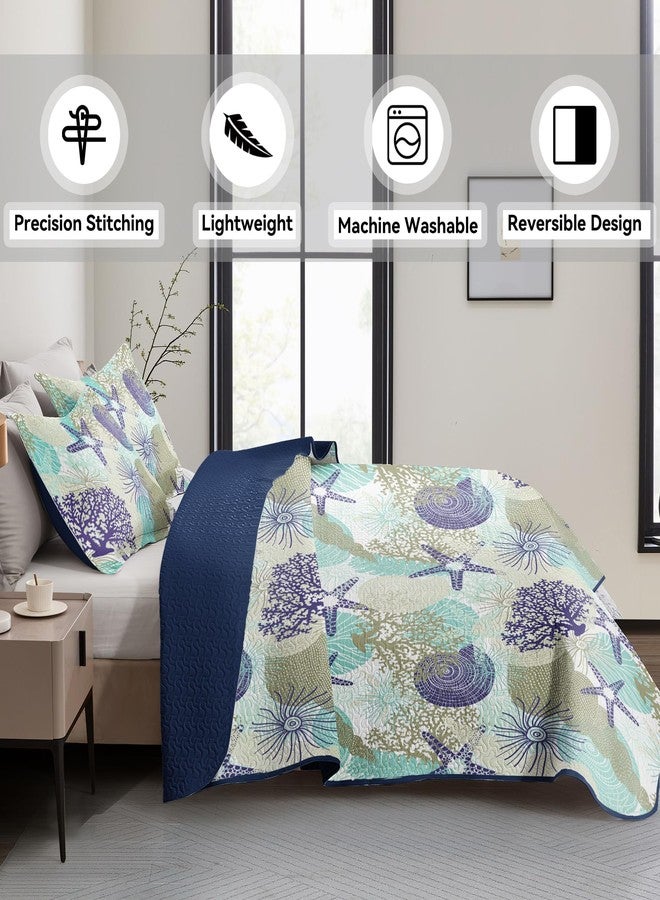 Tritard 3 Piece Coastal Quilt Sets Full/Queen Size - Reversible Microfiber Quilts with 2 Shams Soft Lightweight Beach Bedding Nautical Bedspread Coverlet Summer Comforter for All Season, 90''x96'', C6 - Image 3