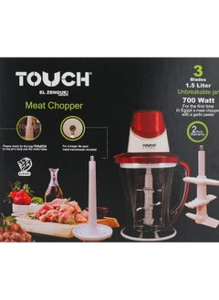 Touch Zenouki Meat and Vegetable Chopper and Mincer 700 Watt Power 2 Liter Capacity with Triple Stainless Steel Blade with Garlic Peeler Attachment, The stainless steel design cuts meat perfectly and faster than manual chopping, and the garlic chopper attachment adds to your cooking prowess. You can also chop vegetables and fruits, crush ice and make delicious juices in this chopper. Durable stainless steel blade with garlic chopper, in red and white,