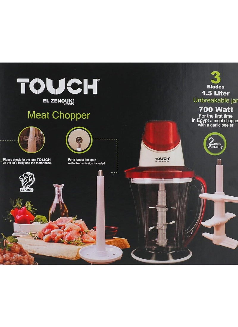 Touch Touch Zenouki Meat and Vegetable Chopper and Mincer 700 Watt Power 2 Liter Capacity with Triple Stainless Steel Blade with Garlic Peeler Attachment, The stainless steel design cuts meat perfectly and faster than manual chopping, and the garlic chopper attachment adds to your cooking prowess. You can also chop vegetables and fruits, crush ice and make delicious juices in this chopper. Durable stainless steel blade with garlic chopper, in red and white,  - Image 1