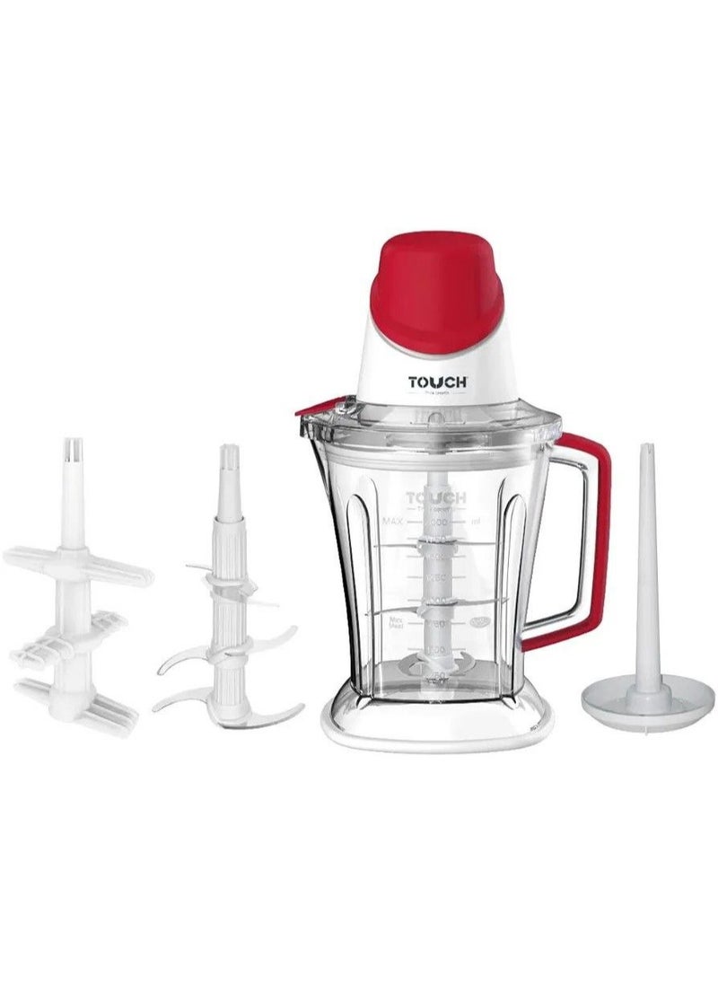 Touch Touch Zenouki Meat and Vegetable Chopper and Mincer 700 Watt Power 2 Liter Capacity with Triple Stainless Steel Blade with Garlic Peeler Attachment, The stainless steel design cuts meat perfectly and faster than manual chopping, and the garlic chopper attachment adds to your cooking prowess. You can also chop vegetables and fruits, crush ice and make delicious juices in this chopper. Durable stainless steel blade with garlic chopper, in red and white,  - Image 3