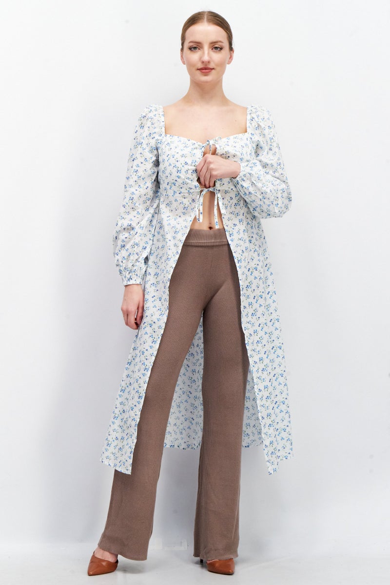 Fashion Union بلوزة ماكسي بأكمام بالون ورقبة مربوطة للنساء، مزيج أبيض - Image 1