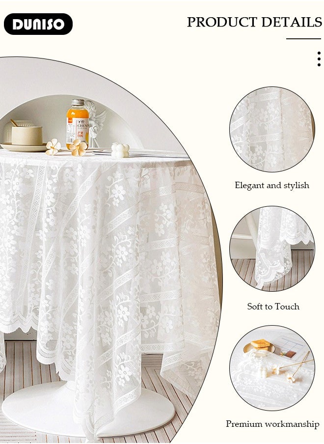 DUNISO Round Tablecloth White Lace Table Cloth , Washable Hollow Mesh Table Cover, Rectangular Vintage Lace Overlay, Floral Lace Table Cloths for Catering Events, Dinner Parties, Weddings Decorations 150*150cm  - Image 2