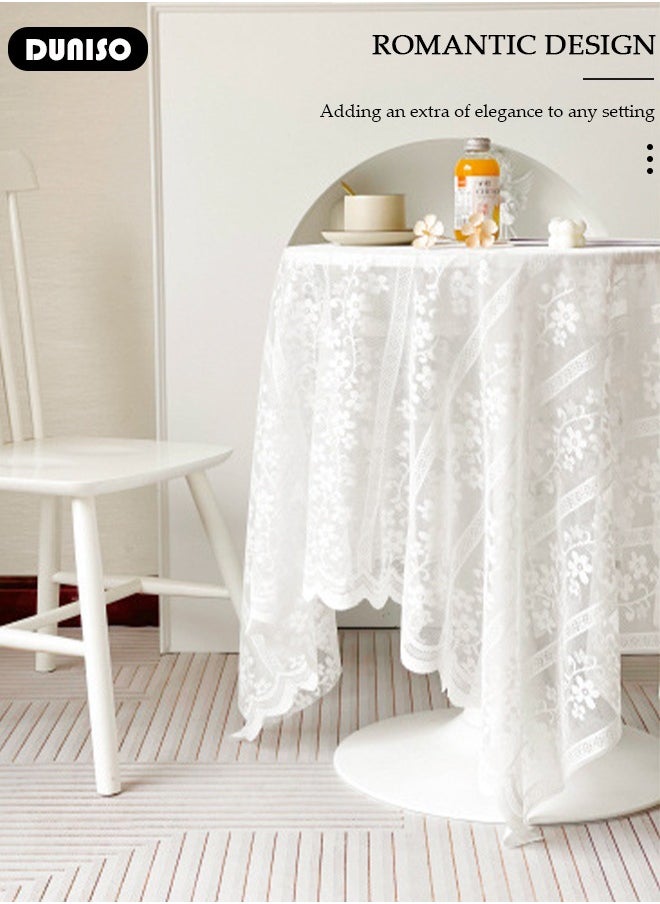 DUNISO Round Tablecloth White Lace Table Cloth , Washable Hollow Mesh Table Cover, Rectangular Vintage Lace Overlay, Floral Lace Table Cloths for Catering Events, Dinner Parties, Weddings Decorations 150*150cm  - Image 5