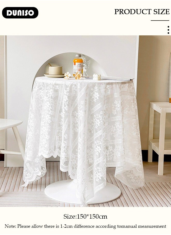 DUNISO Round Tablecloth White Lace Table Cloth , Washable Hollow Mesh Table Cover, Rectangular Vintage Lace Overlay, Floral Lace Table Cloths for Catering Events, Dinner Parties, Weddings Decorations 150*150cm  - Image 4