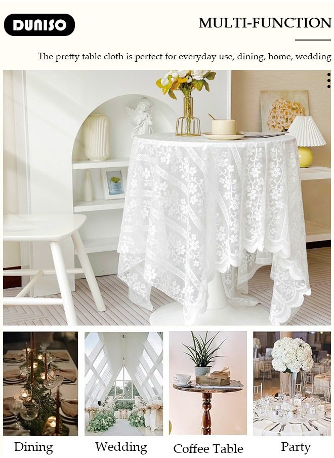 DUNISO Round Tablecloth White Lace Table Cloth , Washable Hollow Mesh Table Cover, Rectangular Vintage Lace Overlay, Floral Lace Table Cloths for Catering Events, Dinner Parties, Weddings Decorations 150*150cm  - Image 3