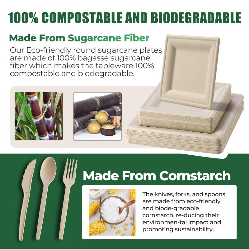 Laladeyek 300Pcs Disposable Paper Plates Set, Compostable Plate Sugarcane Utensils Eco Friendly Dinnerware Kit Includes 50 Biodegradable Plates, Forks, Knives Napkins and Spoons for Brithday Party Camping - Image 2