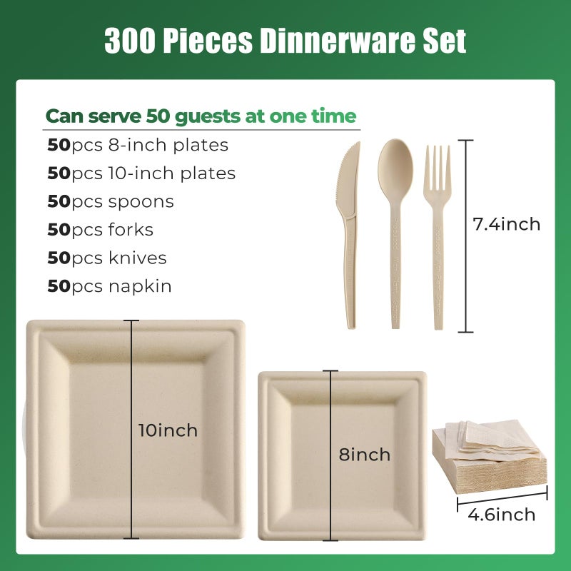 Laladeyek 300Pcs Disposable Paper Plates Set, Compostable Plate Sugarcane Utensils Eco Friendly Dinnerware Kit Includes 50 Biodegradable Plates, Forks, Knives Napkins and Spoons for Brithday Party Camping - Image 3